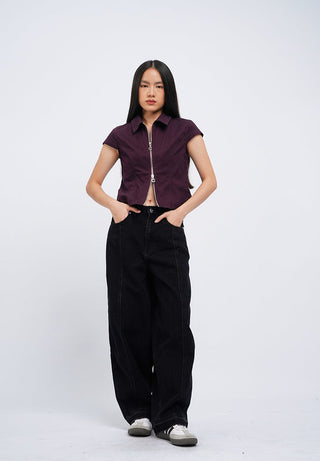 Short Sleeve Fitted Zip Up Blouse