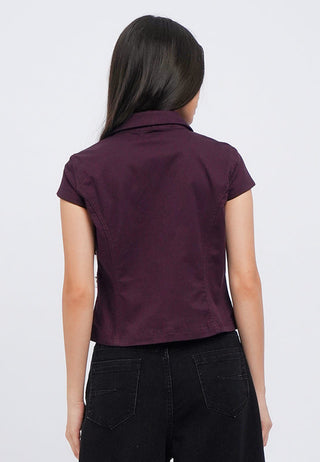 Short Sleeve Fitted Zip Up Blouse
