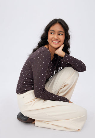 Lace Detail Long Sleeve Printed Top