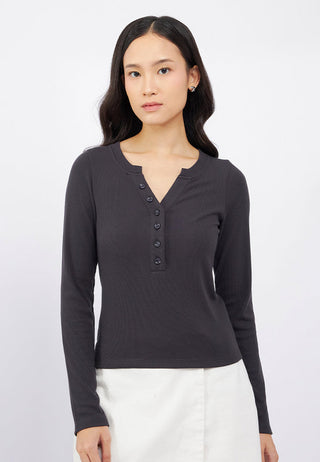 Long Sleeve V-Neck Top with Button