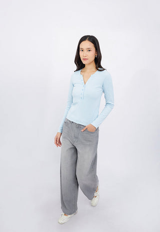 Long Sleeve V-Neck Top with Button
