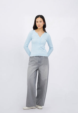 Long Sleeve V-Neck Top with Button
