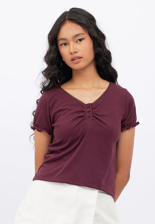 Shirred Placket Puff Sleeve Top
