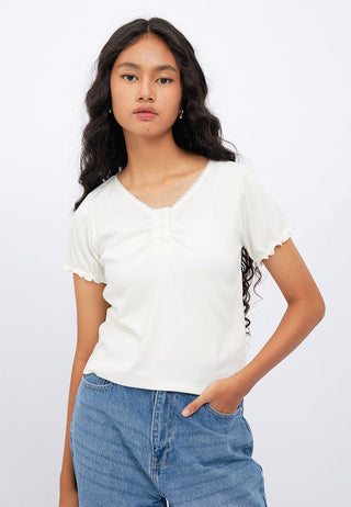Shirred Placket Puff Sleeve Top