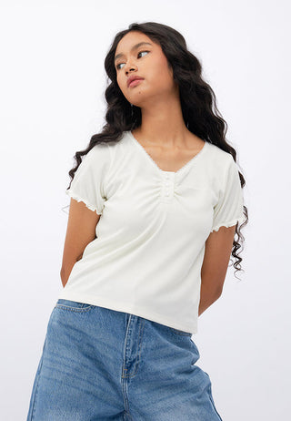Shirred Placket Puff Sleeve Top