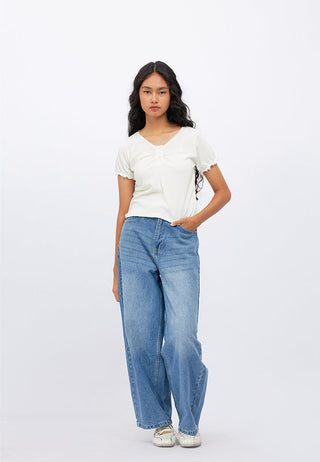 Shirred Placket Puff Sleeve Top
