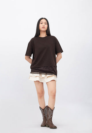 Oversized Asymmetric Lace Trim T-Shirt