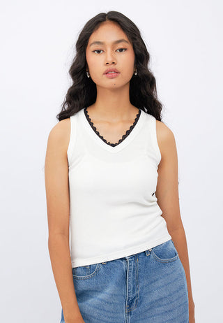 Contrast Lace Neck Sleeveless Top