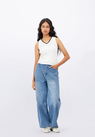 Contrast Lace Neck Sleeveless Top
