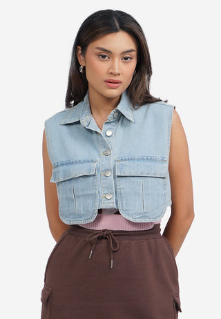 Double Pocket Crop Denim Vest