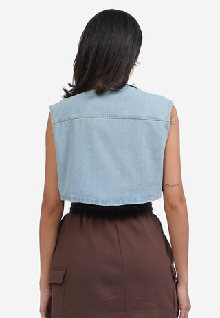 Double Pocket Crop Denim Vest