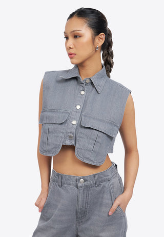 Double Pocket Denim Crop Vest