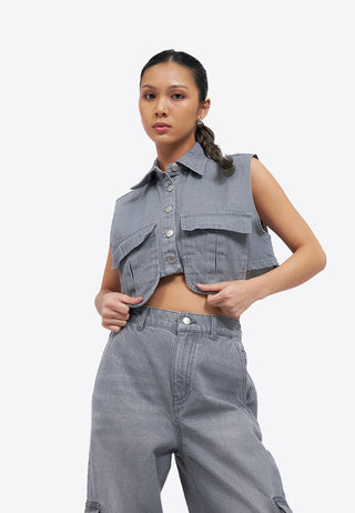 Double Pocket Denim Crop Vest