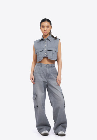 Double Pocket Denim Crop Vest