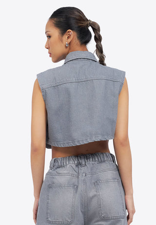 Double Pocket Denim Crop Vest