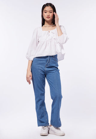 Tie Front Peplum Long Sleeve Blouse