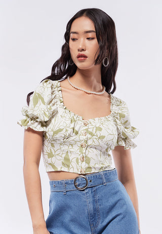 Printed Puff Sleeves Crop Top