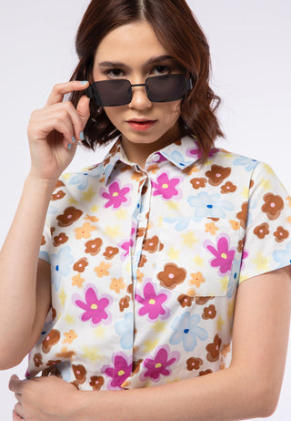 High Low Printed Short Sleeve Blouse