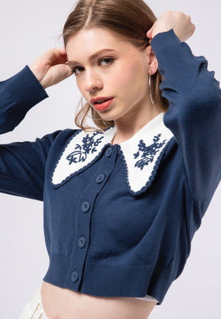 Cardigan with Embroidered Wide Collar