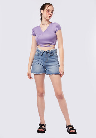 Denim Shorts with Turndown Waistband