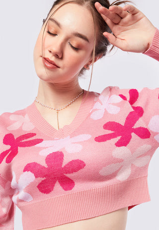 Flowery Long Sleeve Crop Sweater