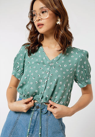 V neck Drawstring Blouse with Floral Print