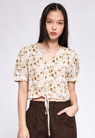 Printed V-neck Blouse with Drawstring