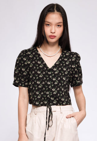 Printed V-neck Blouse with Drawstring