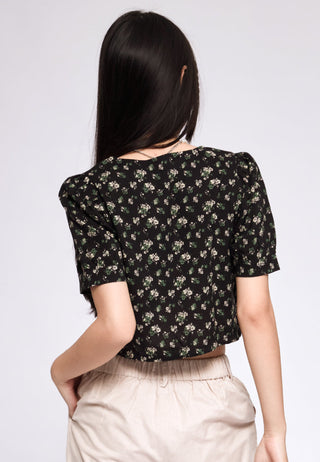 Printed V-neck Blouse with Drawstring