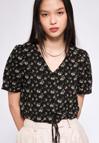 Printed V-neck Blouse with Drawstring