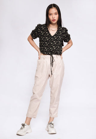 Printed V-neck Blouse with Drawstring