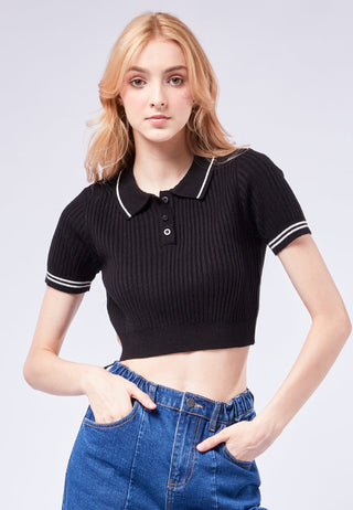Crop Polo Top with Stripe Details