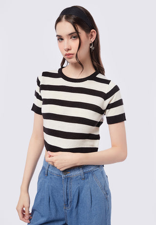 Striped Short Sleeve Knit Crop Top